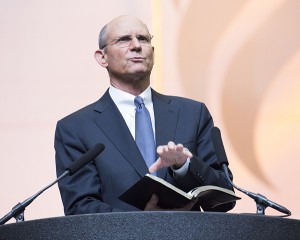 The 60th General Conference Session of the Seventh-day Adventist Church, Alamodome, San Antonio, Texas, USA, July 2-11, 2015. Sabbath School and Church Alamo Dome. Ted Wilson President of the World Church speaks during the worship service.